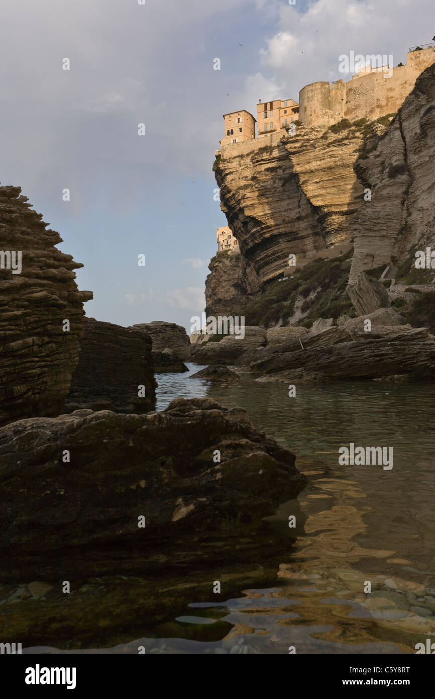 Scogliere e Case di Bonifacio Haute Ville, Corsica, Francia Foto Stock