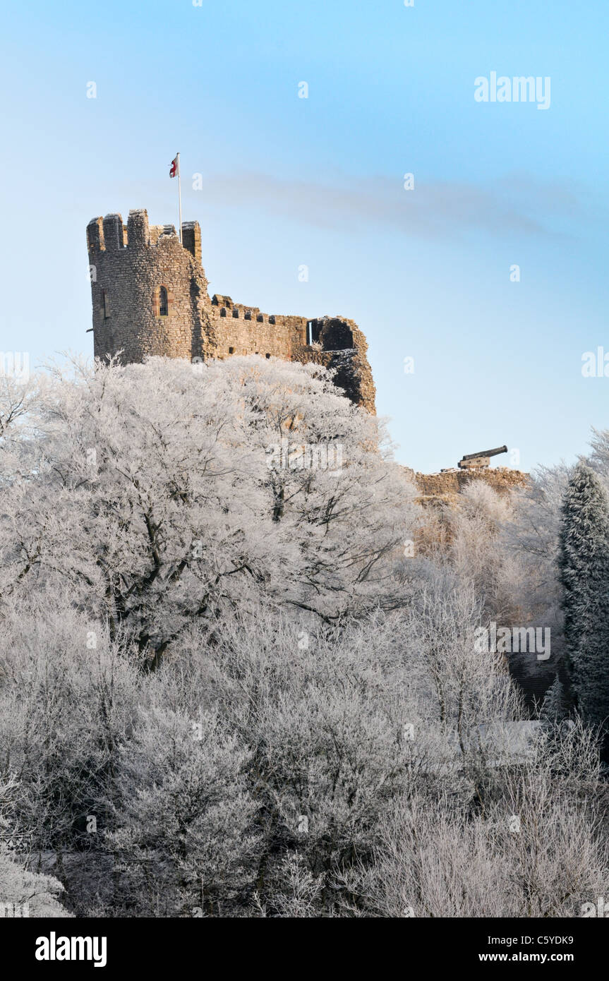 Il Castello di Dudley a Natale, con coperte di neve alberi davanti al punto di riferimento storico e di un blu limpido cielo invernale Foto Stock