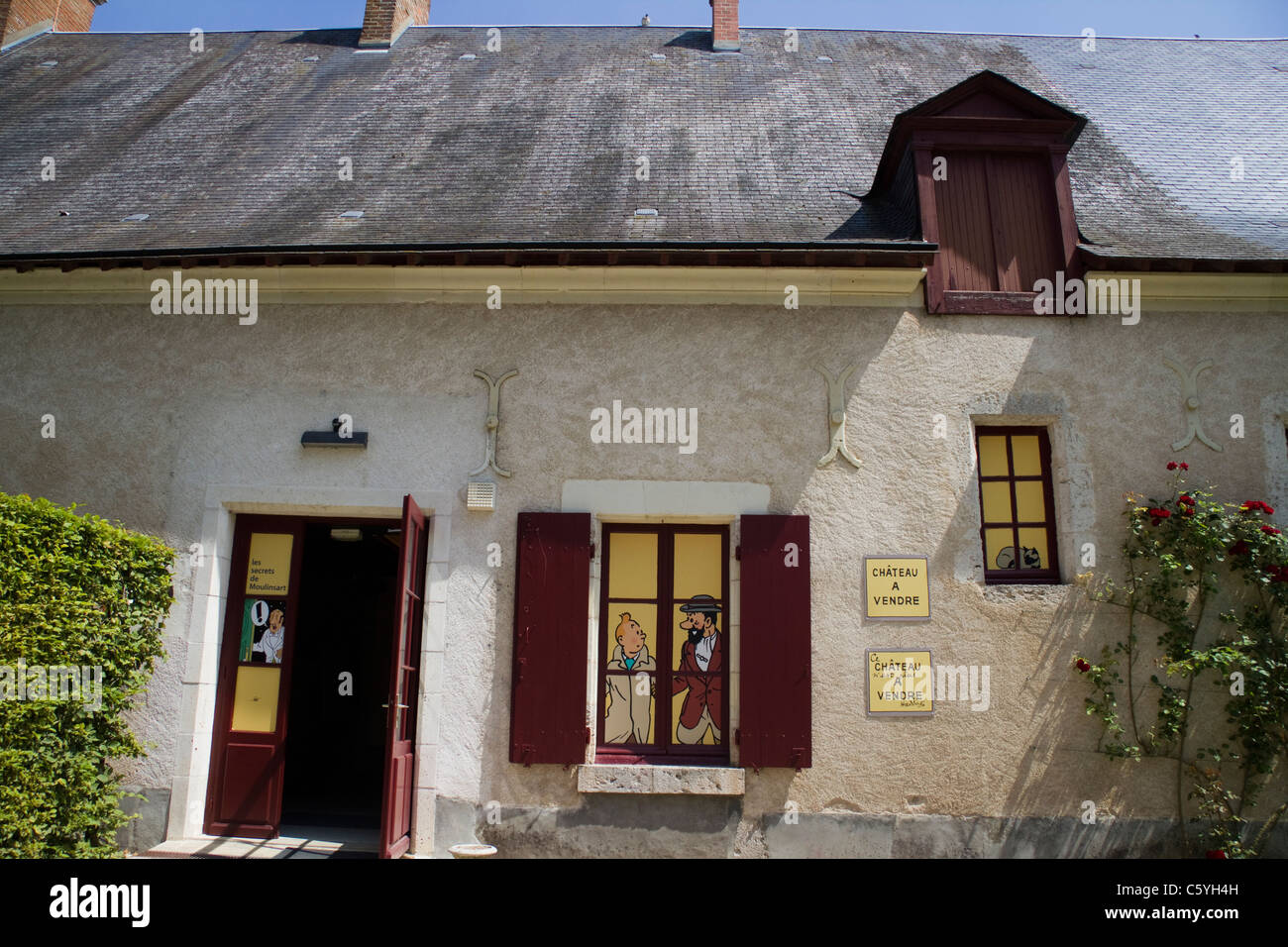 Finestra di Tintin in una casa al Chateau de Cheverny, Valle della Loira, Touraine, Francia Foto Stock