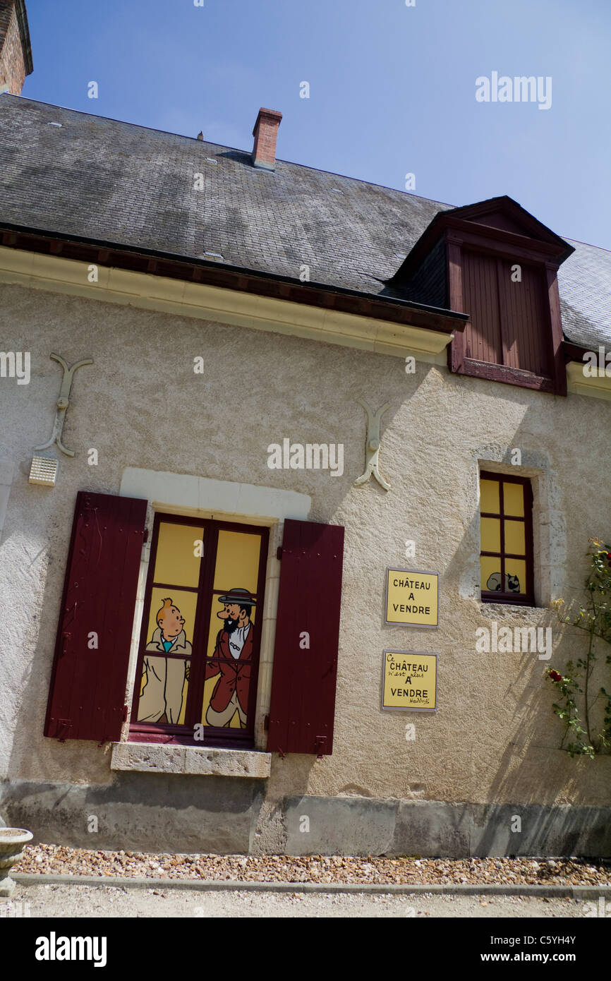 Tintin window display al Chateau de Cheverny, Valle della Loira, Touraine, Francia Foto Stock