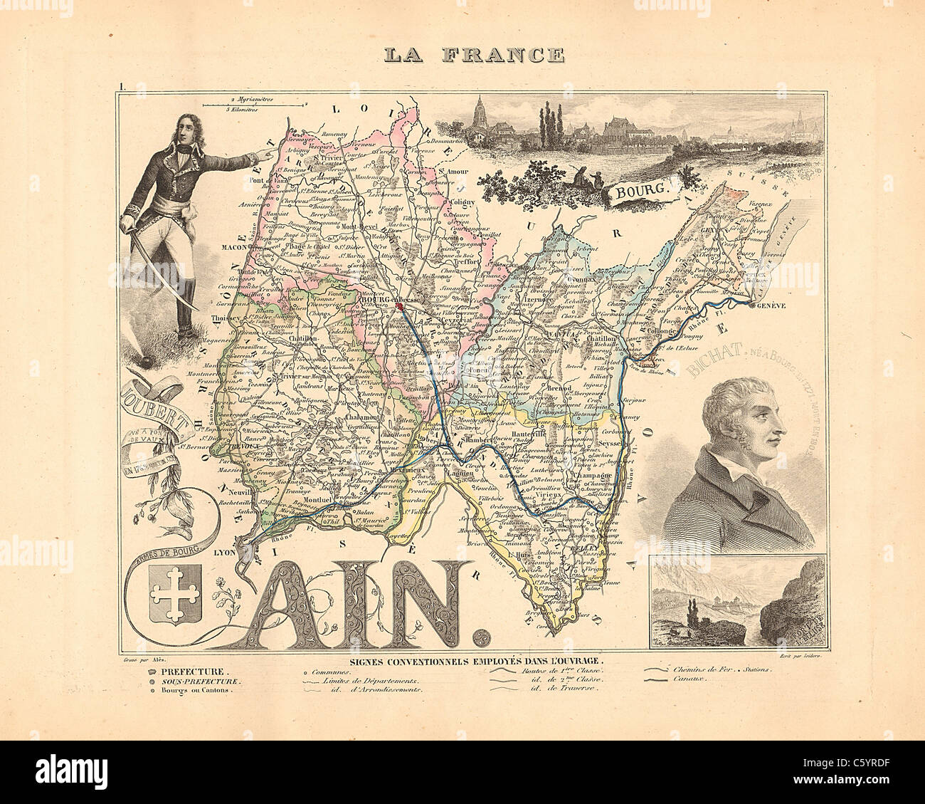 Ain - Dipartimento di antiquario mappa da un Francese 1858 Atlas " la Francia e le sue colonie' (La France et ses colonie ) da Alexandre Vuillemin Foto Stock