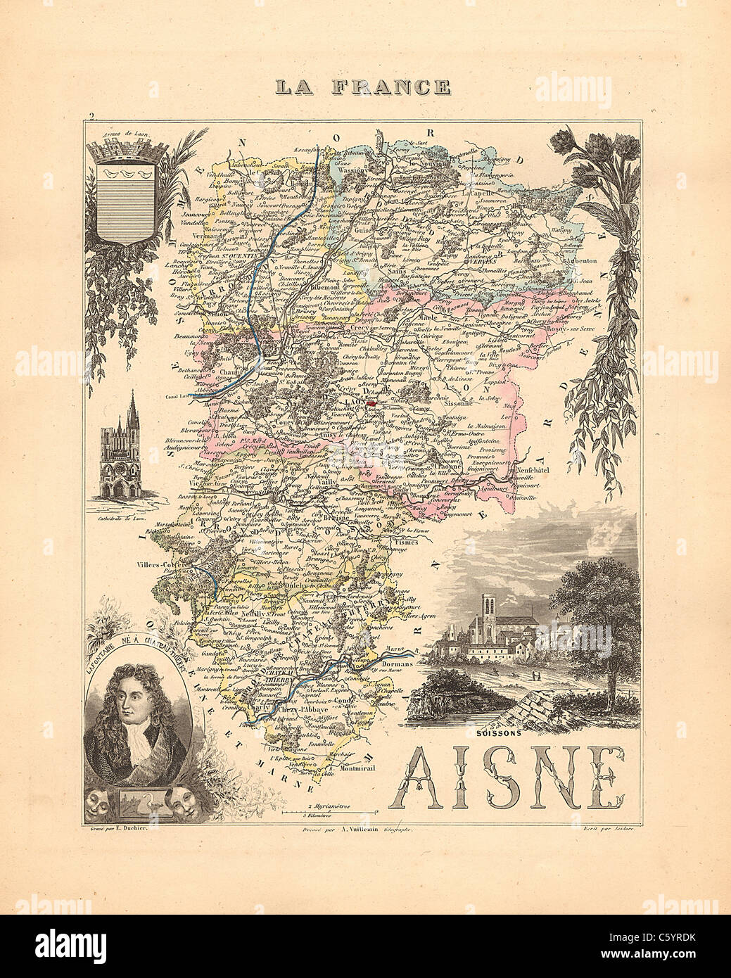 Aisne - Dipartimento di antiquario mappa da un Francese 1858 Atlas " la Francia e le sue colonie' (La France et ses colonie ) da Alexandre Vuillemin Foto Stock