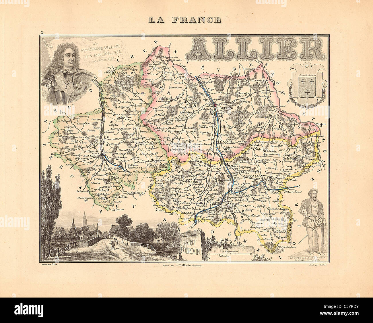 Dipartimento di Allier - antiquario mappa da un Francese 1858 Atlas " la Francia e le sue colonie' (La France et ses colonie ) da Alexandre Vuillemin Foto Stock