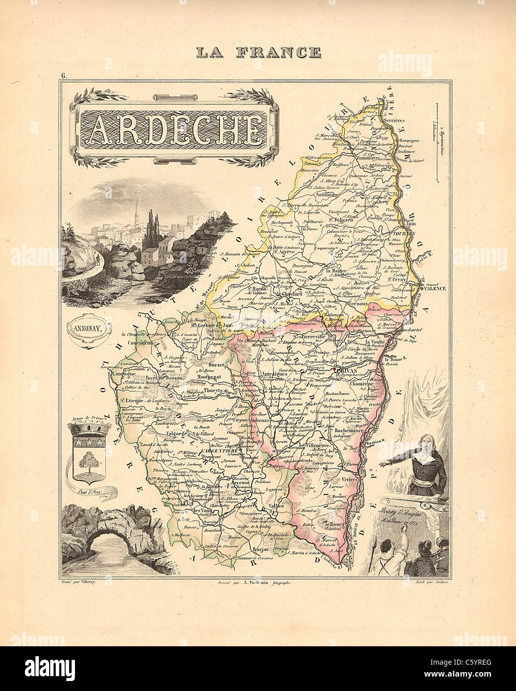 Ardeche Department - antiquario mappa da un Francese 1858 Atlas " la Francia e le sue colonie' (La France et ses colonie ) da Alexandre Vuillemin Foto Stock