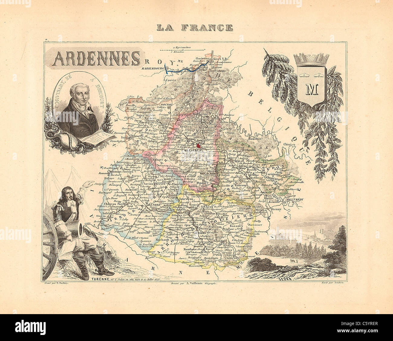 Dipartimento delle Ardenne - antiquario mappa da un Francese 1858 Atlas " la Francia e le sue colonie' (La France et ses colonie ) da Alexandre Vuillemin Foto Stock