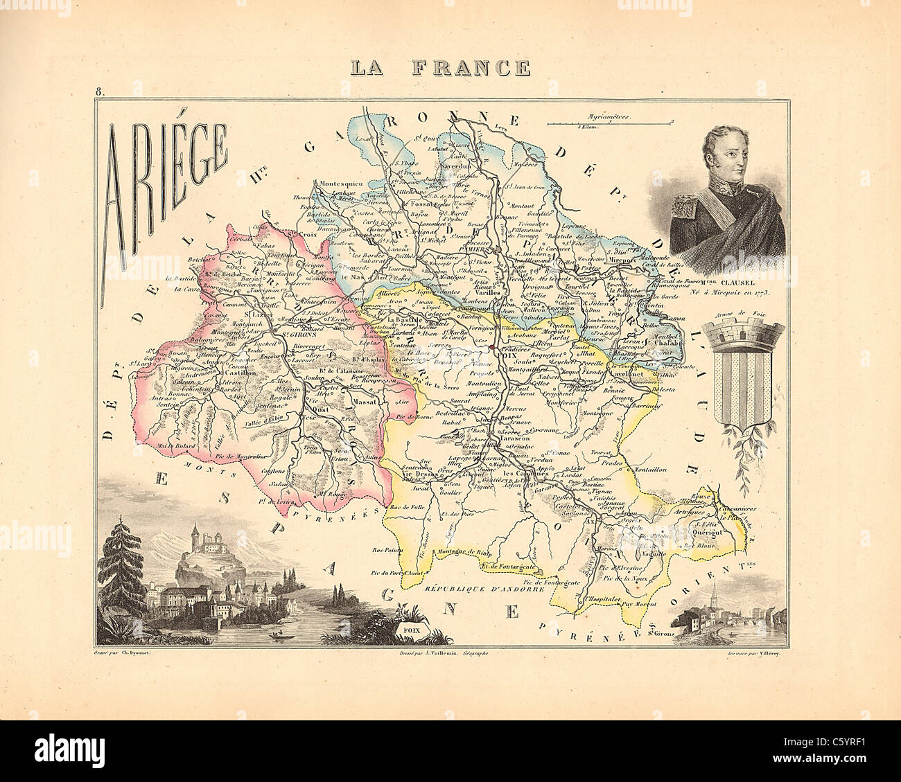 Dipartimento Ariege Antiquario - Mappa da un Francese 1858 Atlas " la Francia e le sue colonie' (La France et ses colonie ) da Alexandre Vuillemin Foto Stock