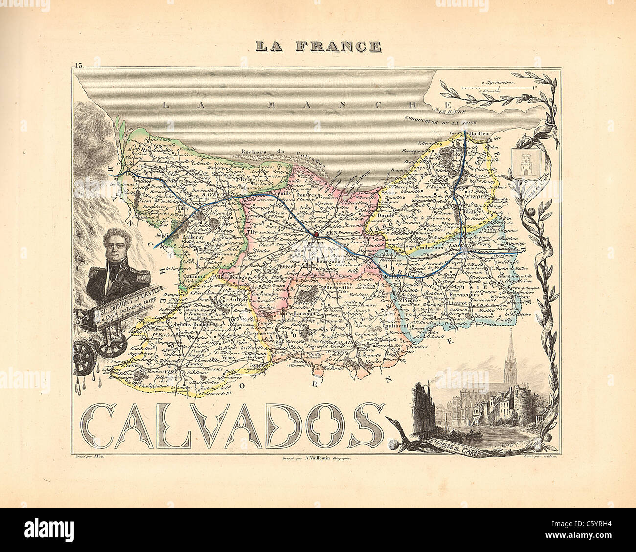 Calvados - Dipartimento di antiquario mappa da un Francese 1858 Atlas " la Francia e le sue colonie' (La France et ses colonie ) da Alexandre Vuillemin Foto Stock