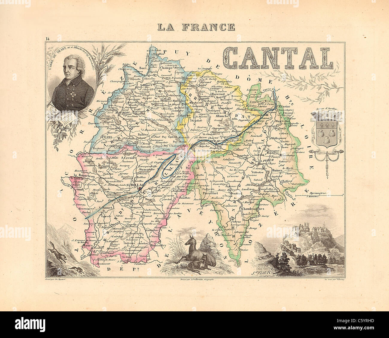 Dipartimento del Cantal - antiquario mappa da un Francese 1858 Atlas " la Francia e le sue colonie' (La France et ses colonie ) da Alexandre Vuillemin Foto Stock