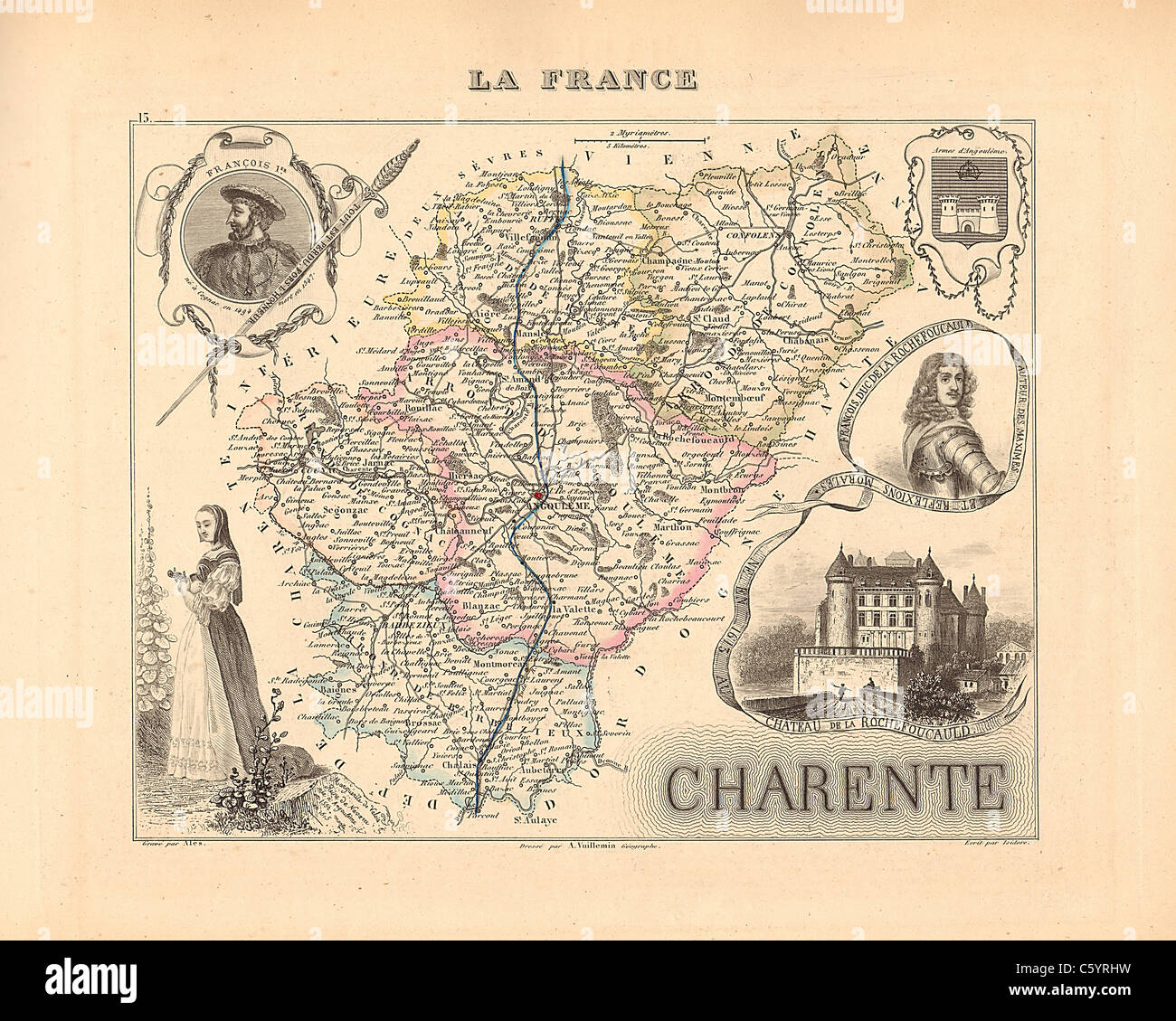 Dipartimento della Charente - antiquario mappa da un Francese 1858 Atlas " la Francia e le sue colonie' (La France et ses colonie ) da Alexandre Vuillemin Foto Stock