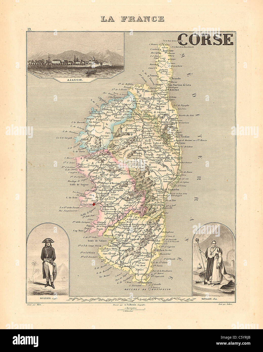 Dipartimento corsica - Mappa antiquario da un 1858 francese "Atlas in Francia e le sue colonie' (La France et ses colonie ) da Alexandre Vuillemin Foto Stock