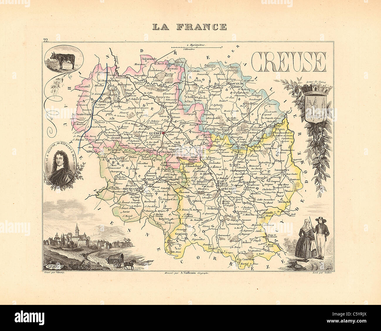 Dipartimento della Creuse - antiquario mappa da un Francese 1858 Atlas " la Francia e le sue colonie' (La France et ses colonie ) da Alexandre Vuillemin Foto Stock