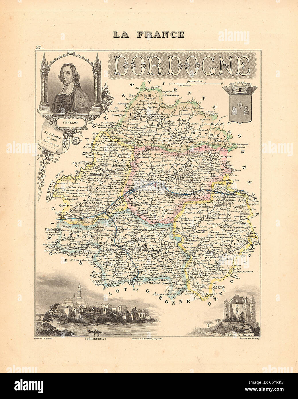 Dipartimento di Dordogne - antiquario mappa da un Francese 1858 Atlas " la Francia e le sue colonie' (La France et ses colonie ) da Alexandre Vuillemin Foto Stock