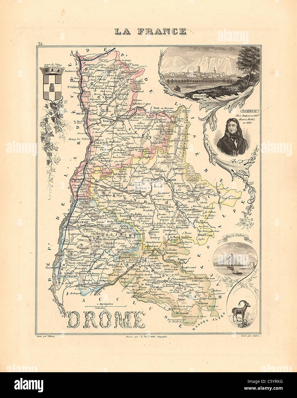 Dipartimento Drome - antiquario mappa da un Francese 1858 Atlas " la Francia e le sue colonie' (La France et ses colonie ) da Alexandre Vuillemin Foto Stock