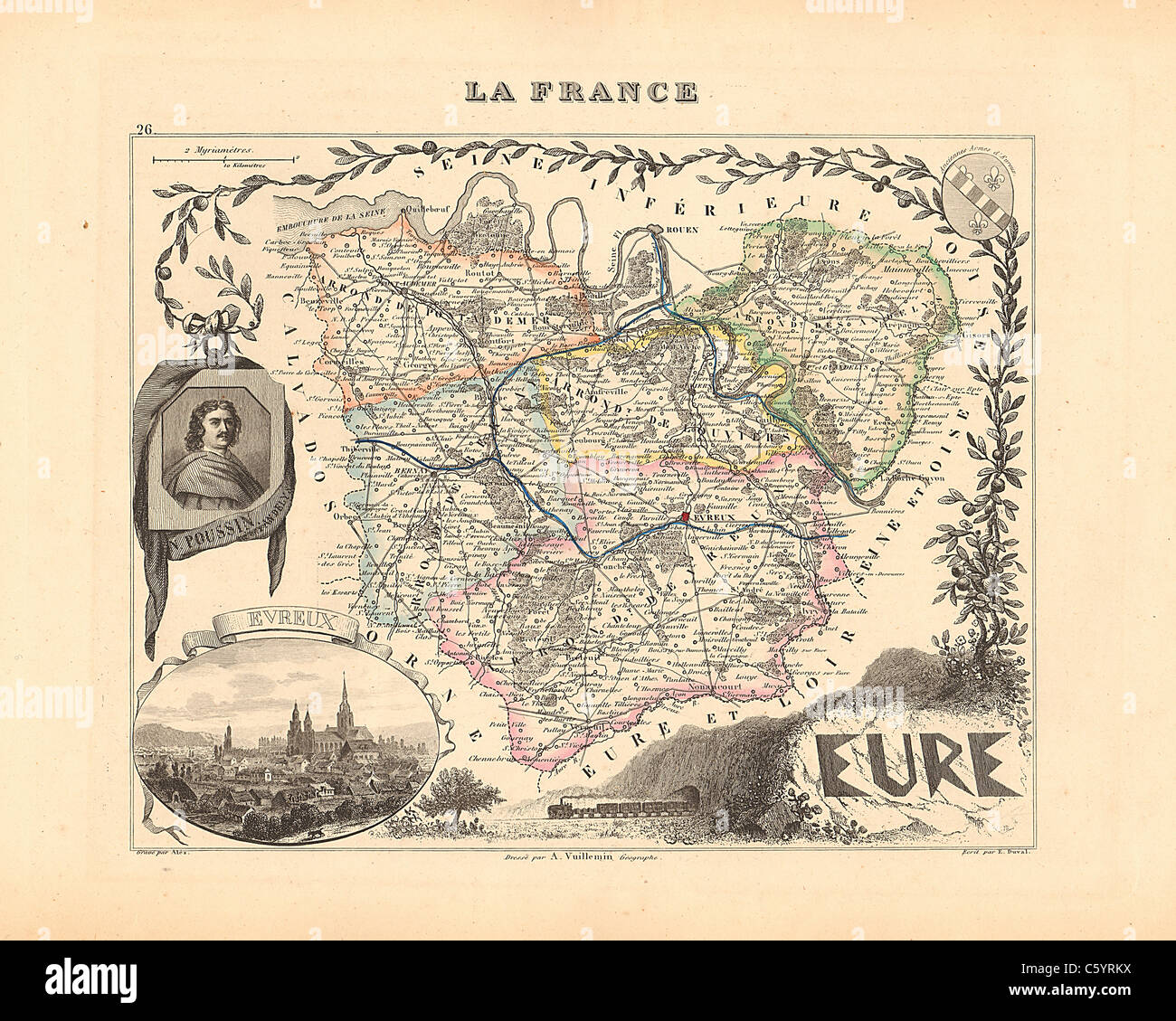 Eure Reparto Antiquario - Mappa da un Francese 1858 Atlas " la Francia e le sue colonie' (La France et ses colonie ) da Alexandre Vuillemin Foto Stock