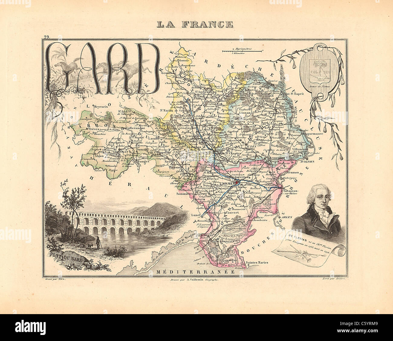 Dipartimento di Gard - antiquario mappa da un Francese 1858 Atlas " la Francia e le sue colonie' (La France et ses colonie ) da Alexandre Vuillemin Foto Stock