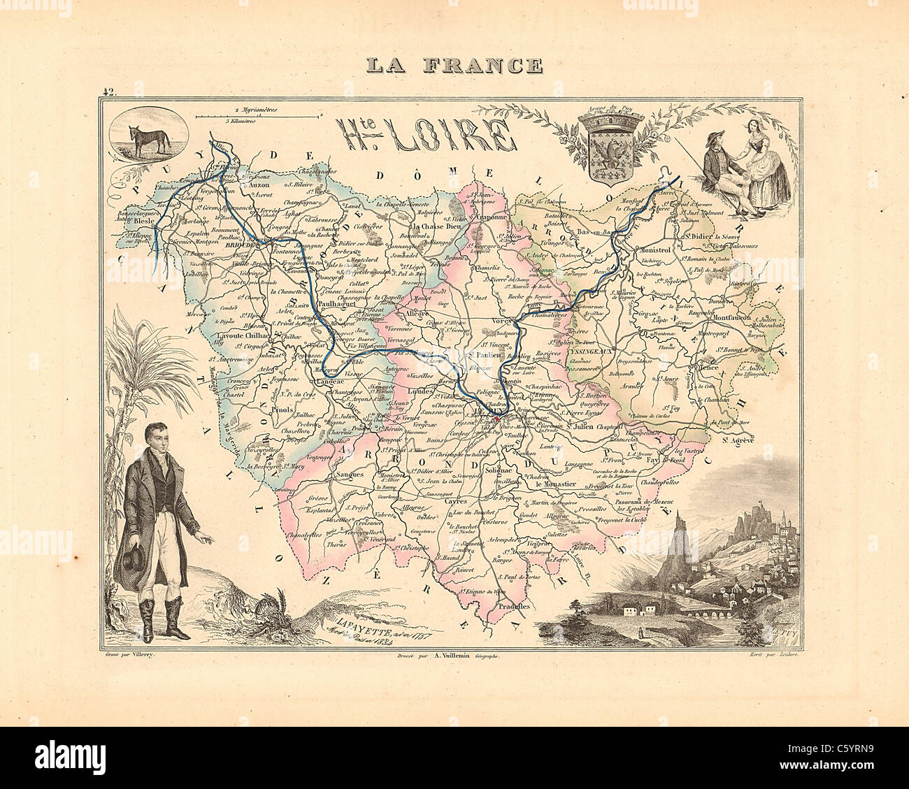 Haute Loire Department - antiquario mappa da un Francese 1858 Atlas " la Francia e le sue colonie' (La France et ses colonie ) da Alexandre Vuillemin Foto Stock