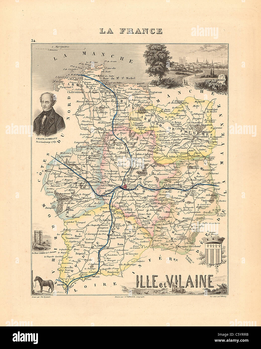 Ille et Vilaine Dipartimento Antiquario - Mappa da un Francese 1858 Atlas " la Francia e le sue colonie' (La France et ses colonie ) da Alexandre Vuillemin Foto Stock