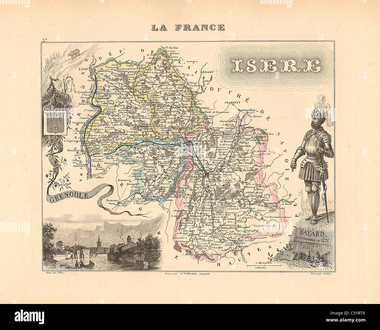 Isere Department - antiquario mappa da un Francese 1858 Atlas " la Francia e le sue colonie' (La France et ses colonie ) da Alexandre Vuillemin Foto Stock