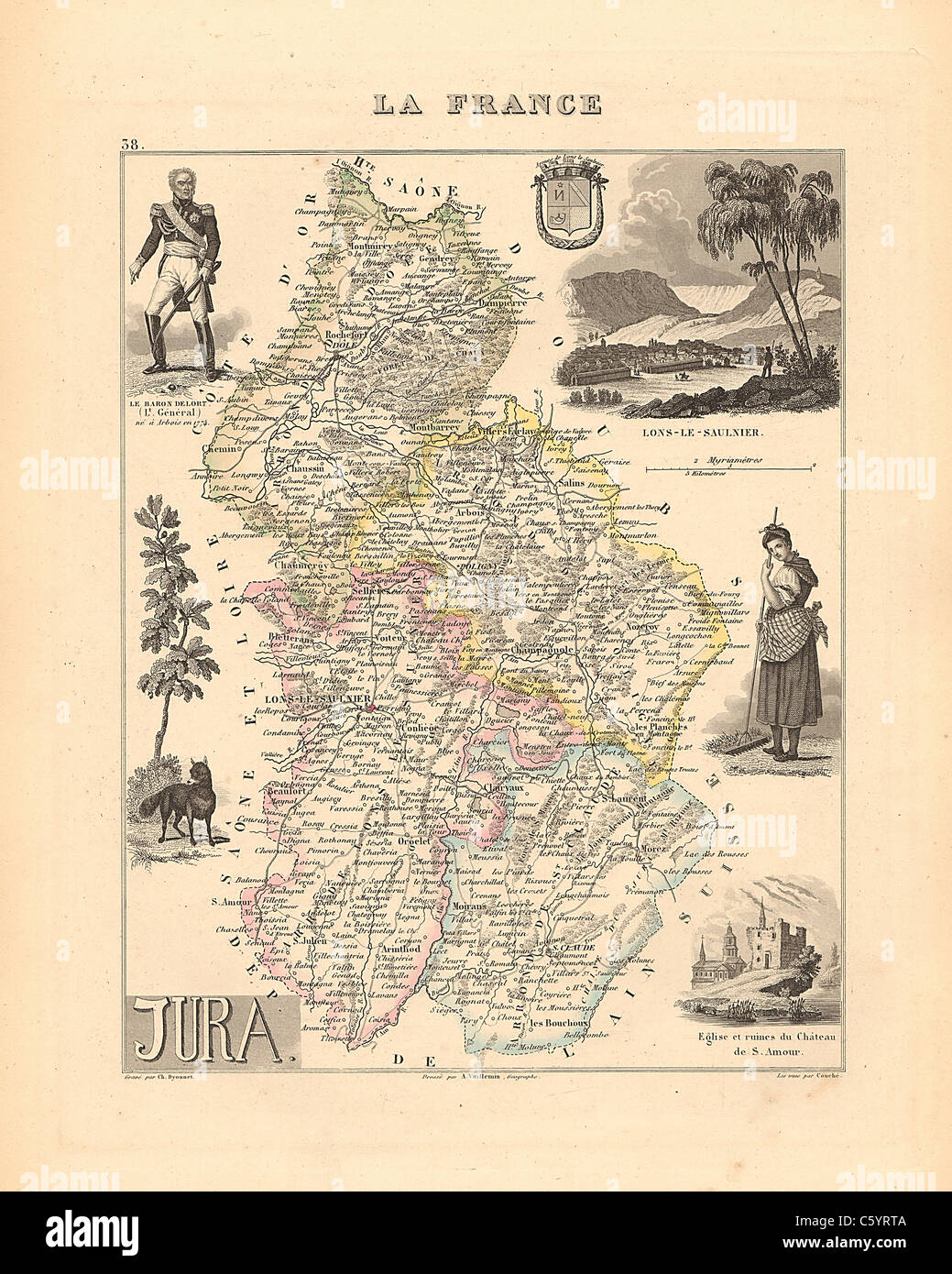 Dipartimento del Giura - antiquario mappa da un Francese 1858 Atlas " la Francia e le sue colonie' (La France et ses colonie ) da Alexandre Vuillemin Foto Stock