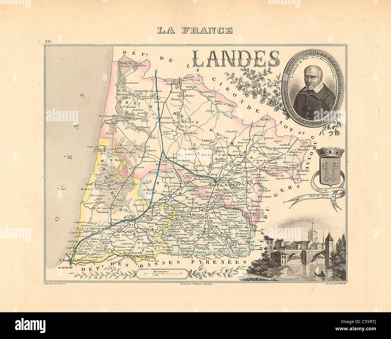 Dipartimento delle Landes Antiquario - Mappa da un Francese 1858 Atlas " la Francia e le sue colonie' (La France et ses colonie ) da Alexandre Vuillemin Foto Stock