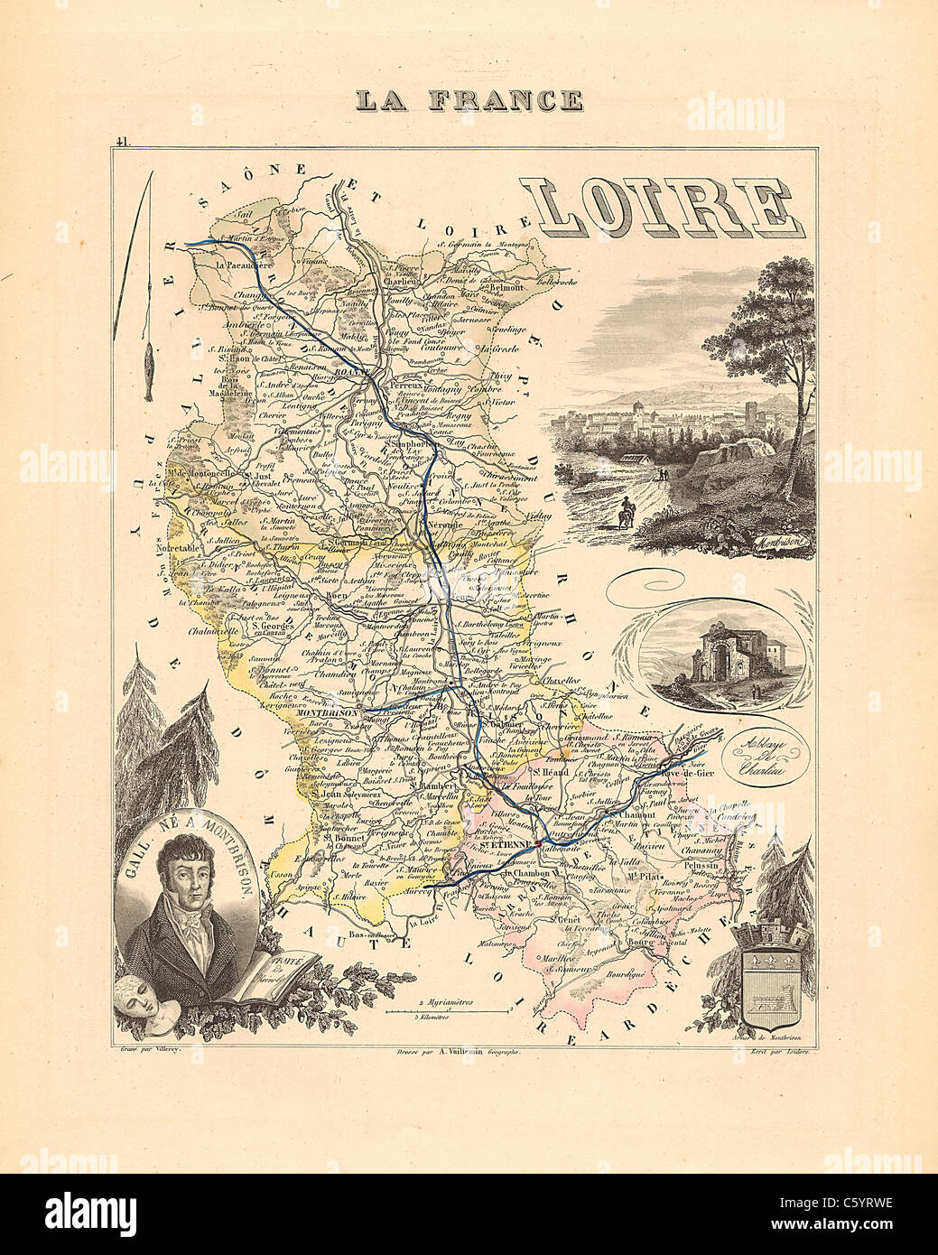 Dipartimento della Loira - antiquario mappa da un Francese 1858 Atlas " la Francia e le sue colonie' (La France et ses colonie ) da Alexandre Vuillemin Foto Stock