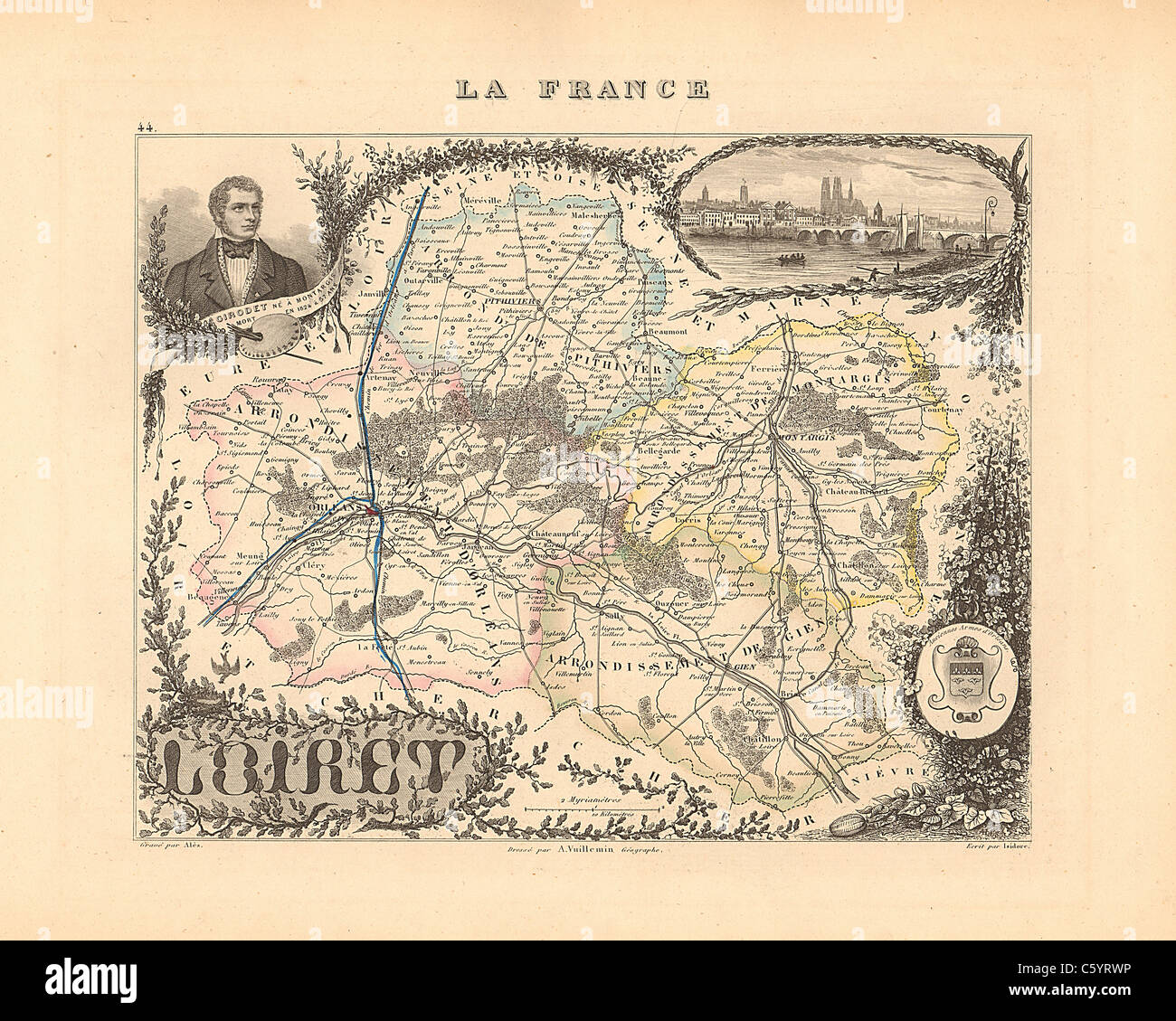 Dipartimento Loiret - antiquario mappa da un Francese 1858 Atlas " la Francia e le sue colonie' (La France et ses colonie ) da Alexandre Vuillemin Foto Stock