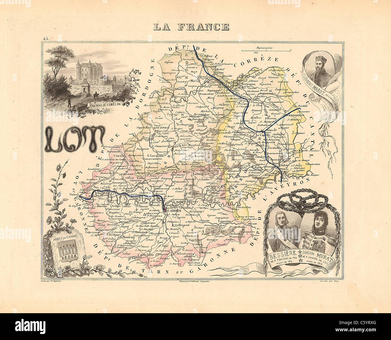 Lot - Dipartimento di antiquario mappa da un Francese 1858 Atlas " la Francia e le sue colonie' (La France et ses colonie ) da Alexandre Vuillemin Foto Stock