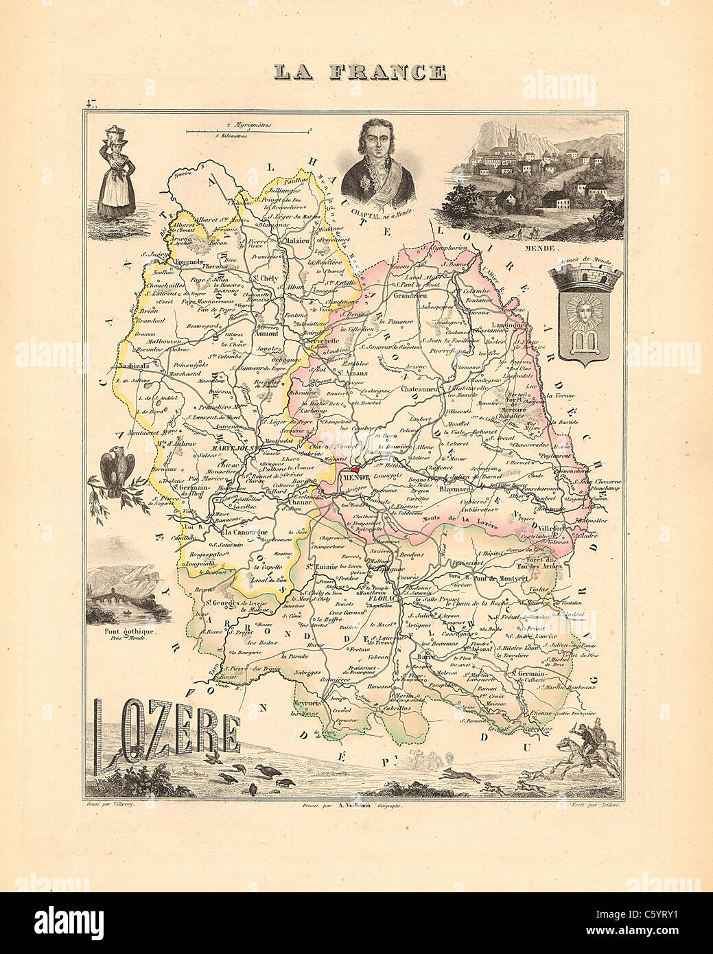 Lozere Department - antiquario mappa da un Francese 1858 Atlas " la Francia e le sue colonie' (La France et ses colonie ) da Alexandre Vuillemin Foto Stock