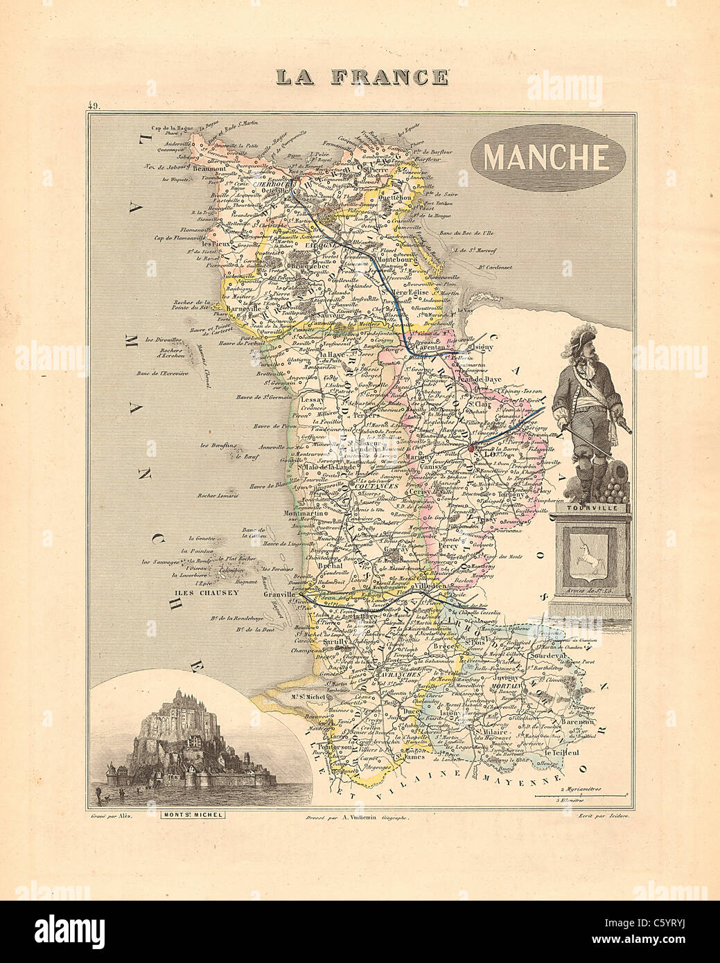Manche Department - antiquario mappa da un Francese 1858 Atlas " la Francia e le sue colonie' (La France et ses colonie ) da Alexandre Vuillemin Foto Stock