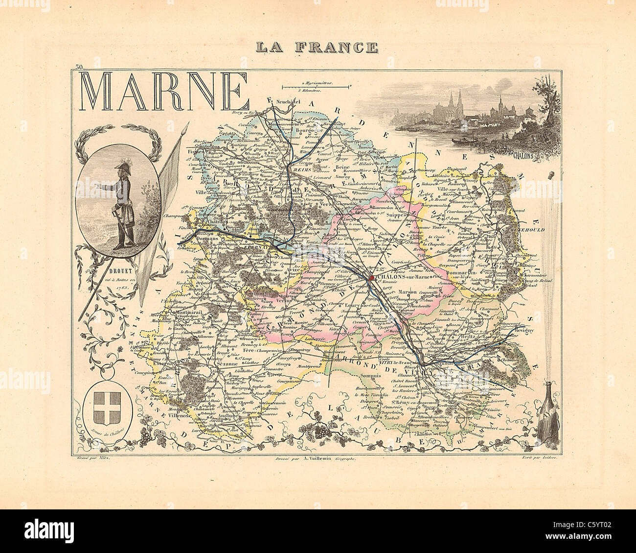 Marne - antiquario mappa da un Francese 1858 Atlas " la Francia e le sue colonie' (La France et ses colonie ) da Alexandre Vuillemin Foto Stock