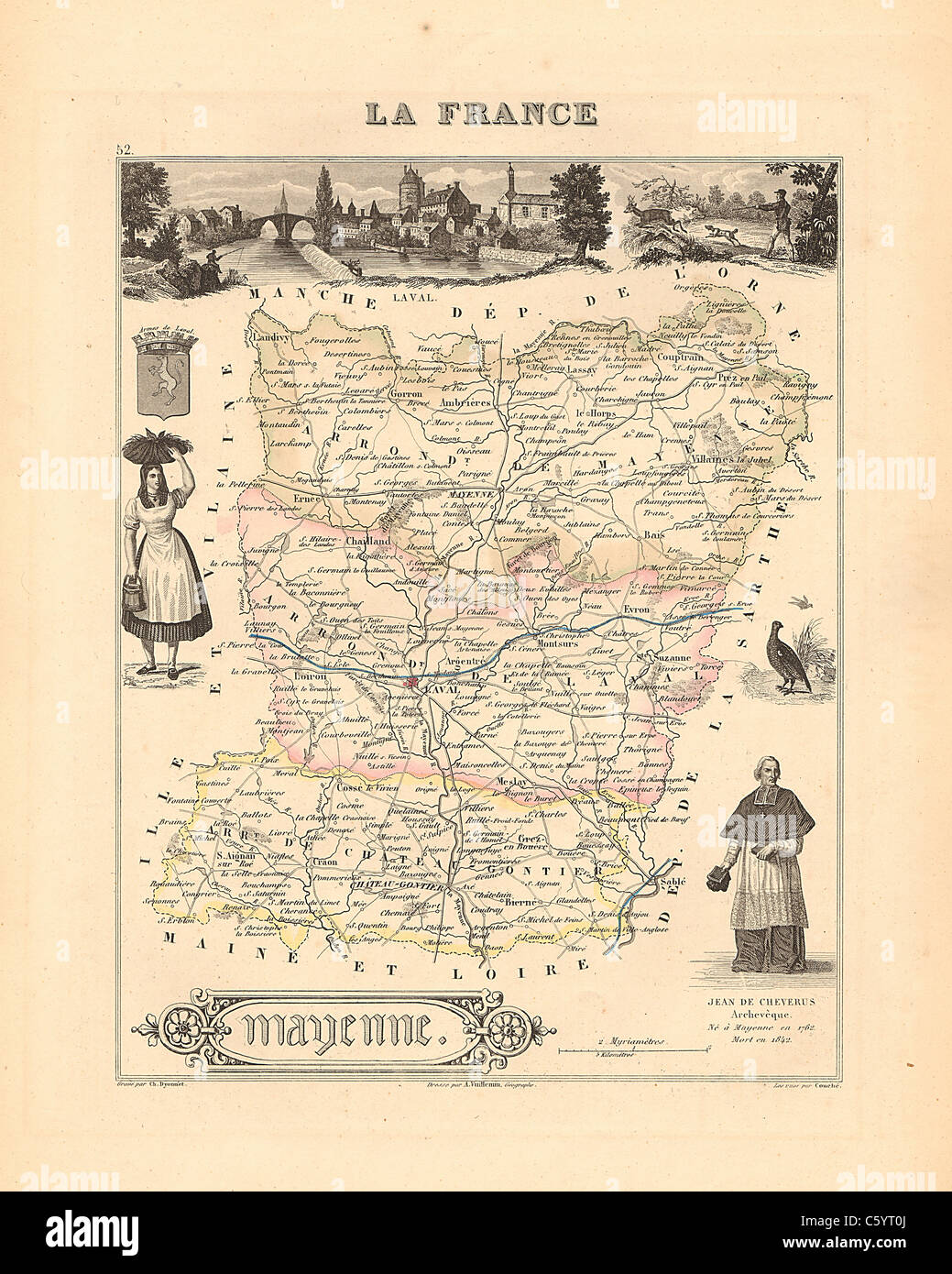 Dipartimento Mayenne Antiquario - Mappa da un Francese 1858 Atlas " la Francia e le sue colonie' (La France et ses colonie ) da Alexandre Vuillemin Foto Stock