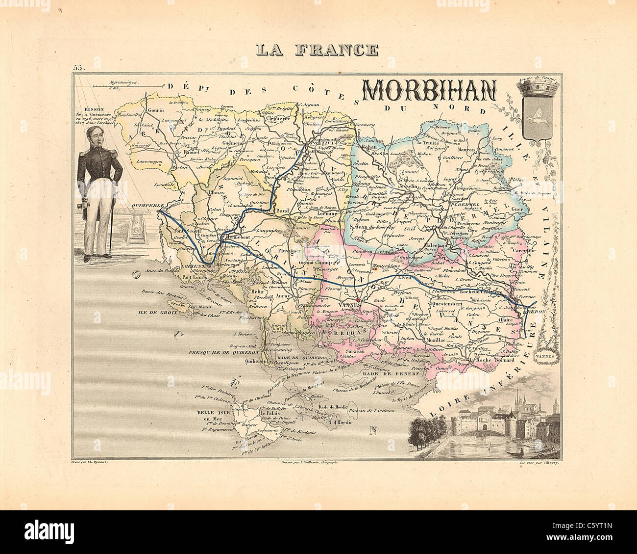 Dipartimento di Morbihan - antiquario mappa da un Francese 1858 Atlas " la Francia e le sue colonie' (La France et ses colonie ) da Alexandre Vuillemin Foto Stock