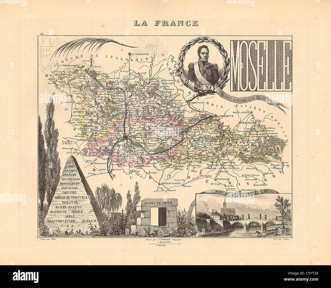 Dipartimento della Mosella - antiquario mappa da un Francese 1858 Atlas " la Francia e le sue colonie' (La France et ses colonie ) da Alexandre Vuillemin Foto Stock