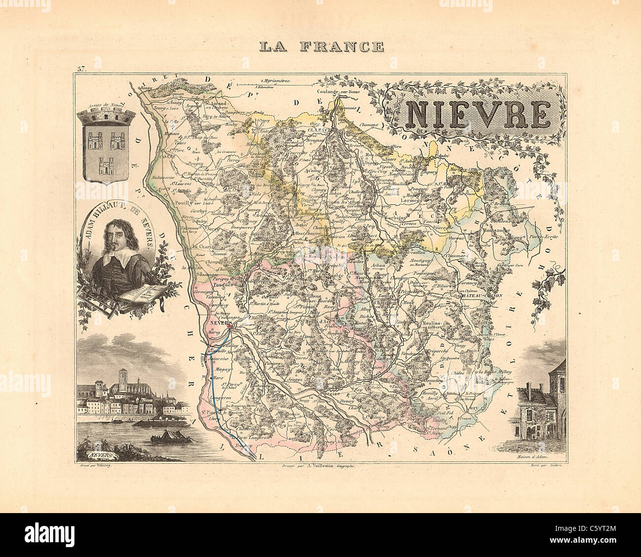 Dipartimento Nievre Antiquario - Mappa da un Francese 1858 Atlas " la Francia e le sue colonie' (La France et ses colonie ) da Alexandre Vuillemin Foto Stock