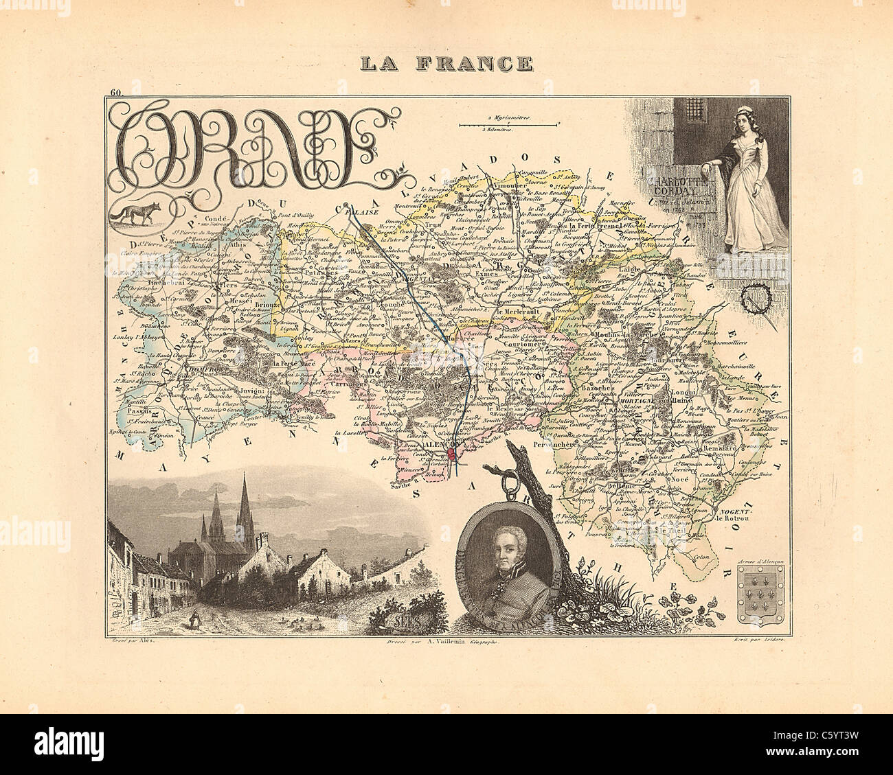 Dipartimento Orne Antiquario - Mappa da un Francese 1858 Atlas " la Francia e le sue colonie' (La France et ses colonie ) da Alexandre Vuillemin Foto Stock