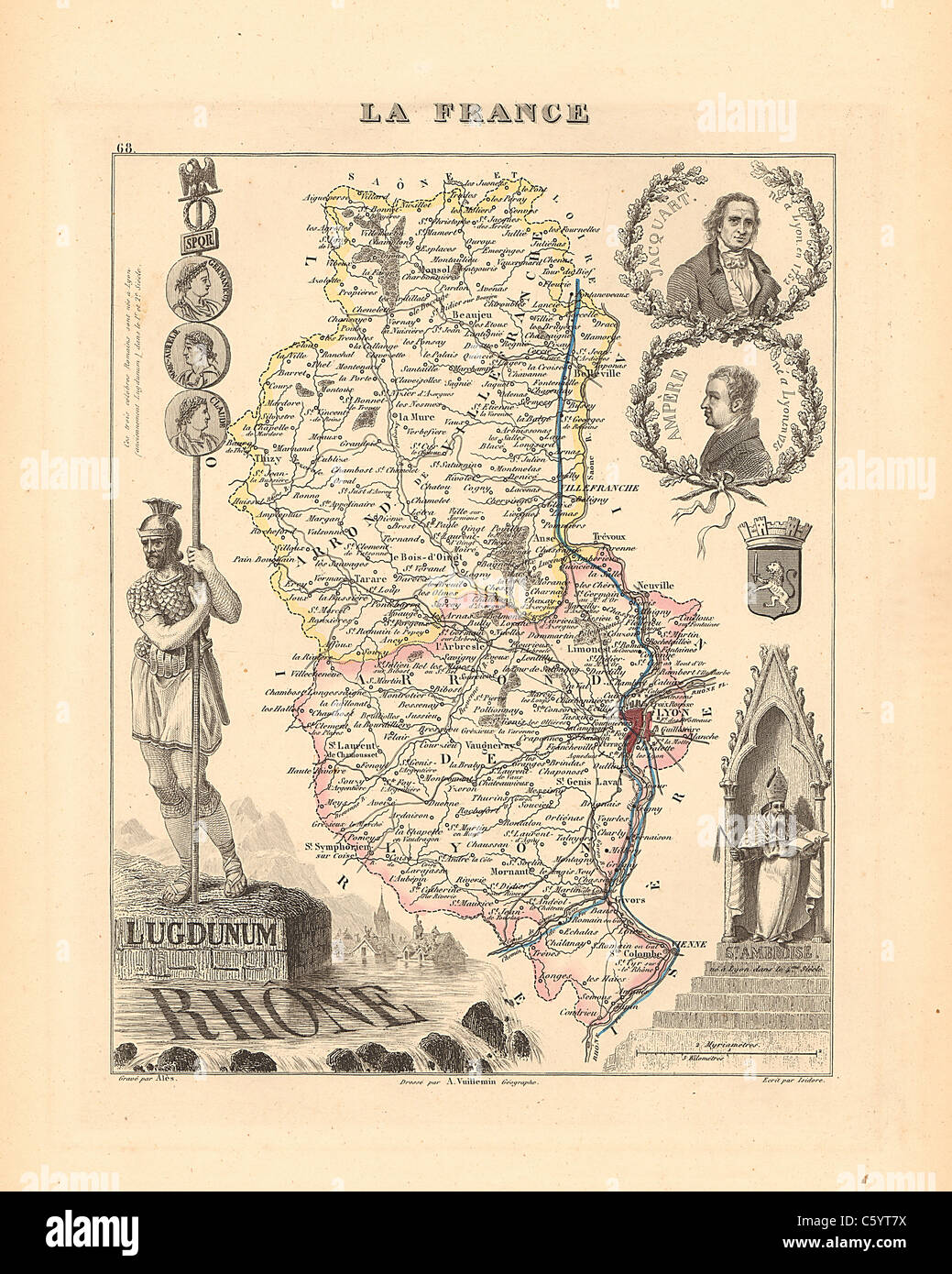 Dipartimento del Rodano - antiquario mappa da un Francese 1858 Atlas " la Francia e le sue colonie' (La France et ses colonie ) da Alexandre Vuillemin Foto Stock