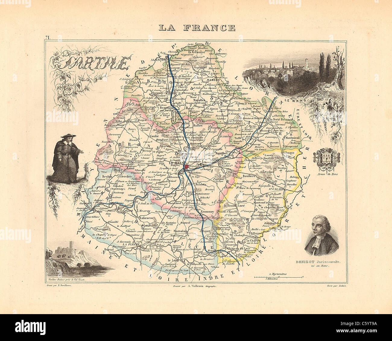 Dipartimento della Sarthe - antiquario mappa da un Francese 1858 Atlas " la Francia e le sue colonie' (La France et ses colonie ) da Alexandre Vuillemin Foto Stock
