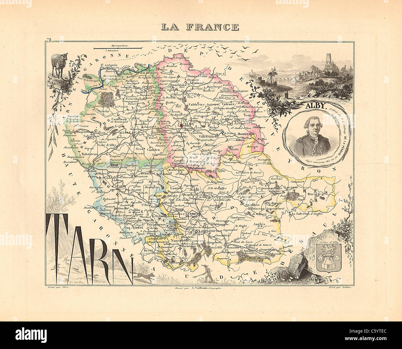 Dipartimento del Tarn - antiquario mappa da un Francese 1858 Atlas " la Francia e le sue colonie' (La France et ses colonie ) da Alexandre Vuillemin Foto Stock