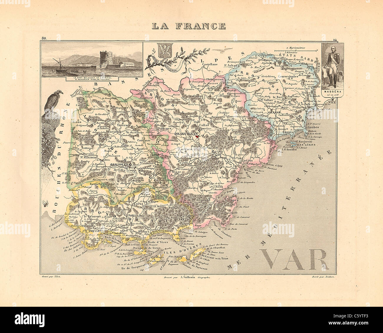 Var - Dipartimento di antiquario mappa da un Francese 1858 Atlas " la Francia e le sue colonie' (La France et ses colonie ) da Alexandre Vuillemin Foto Stock