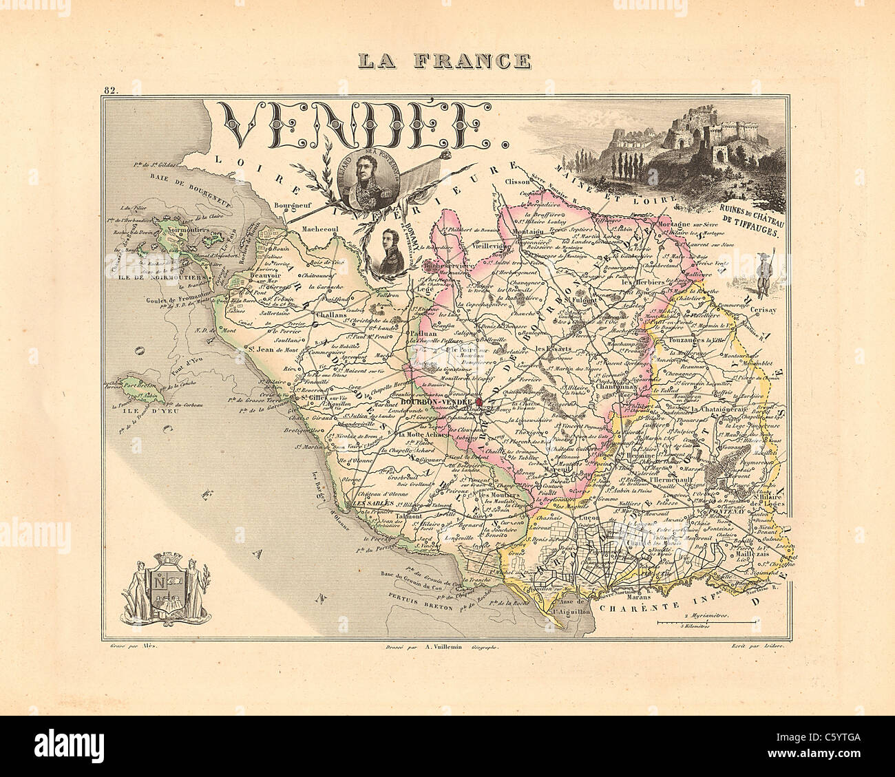 Dipartimento Vendee Antiquario - Mappa da un Francese 1858 Atlas " la Francia e le sue colonie' (La France et ses colonie ) da Alexandre Vuillemin Foto Stock