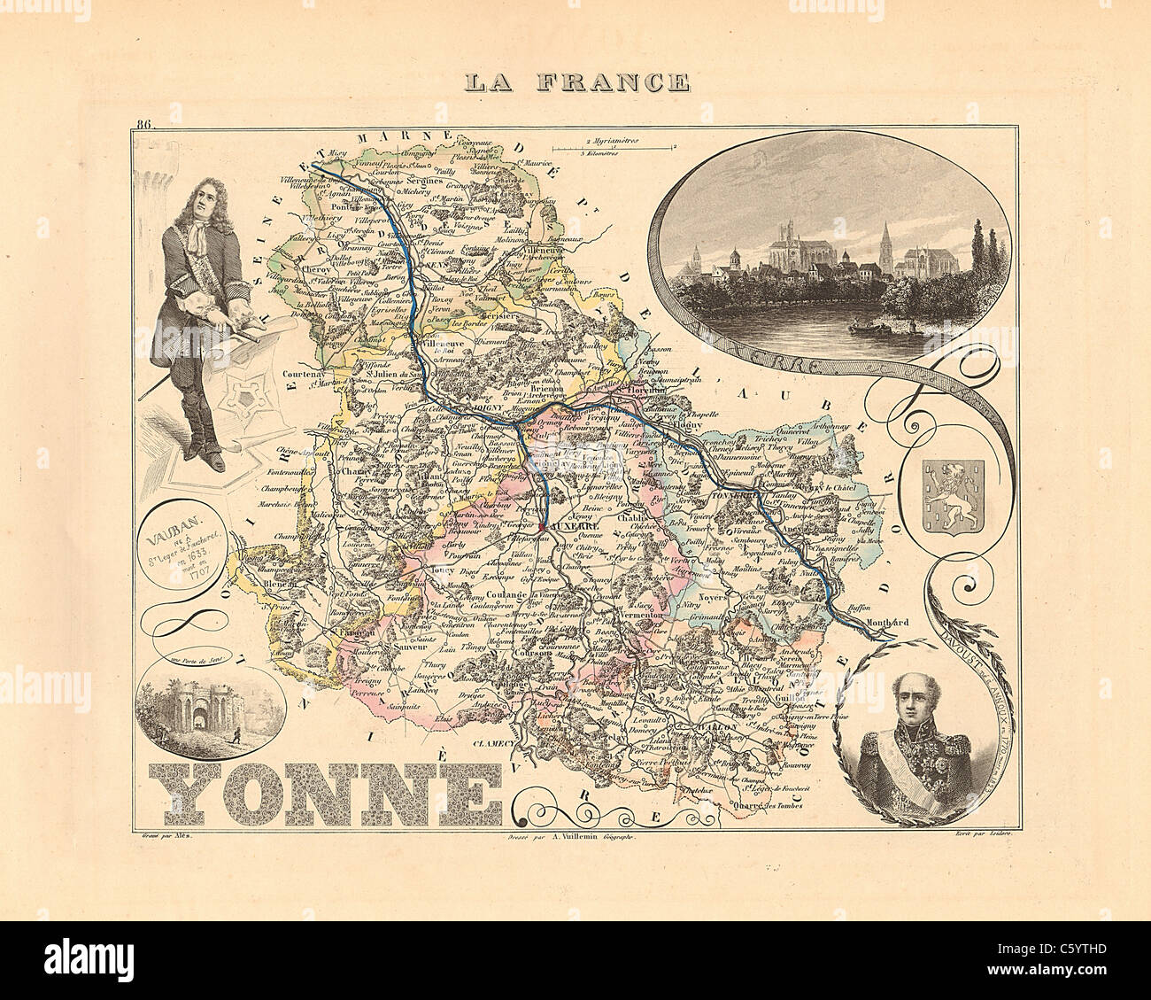 Dipartimento Yonne - antiquario mappa da un Francese 1858 Atlas " la Francia e le sue colonie' (La France et ses colonie ) da Alexandre Vuillemin Foto Stock