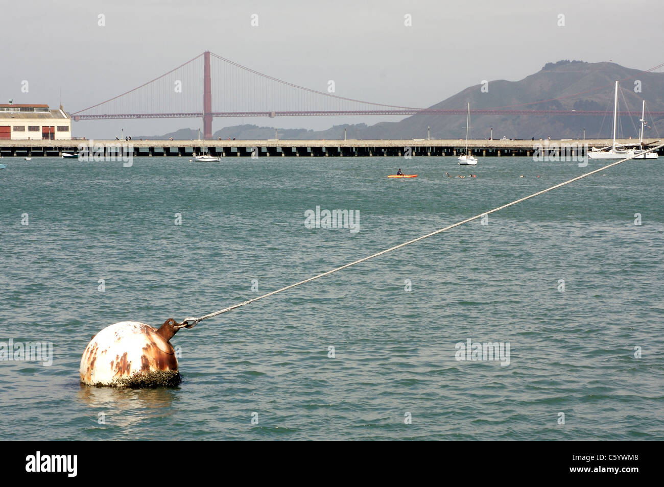 Una boa vicino a Hyde Street Pier a San Francisco con il Golden Gate Bridge in background Foto Stock