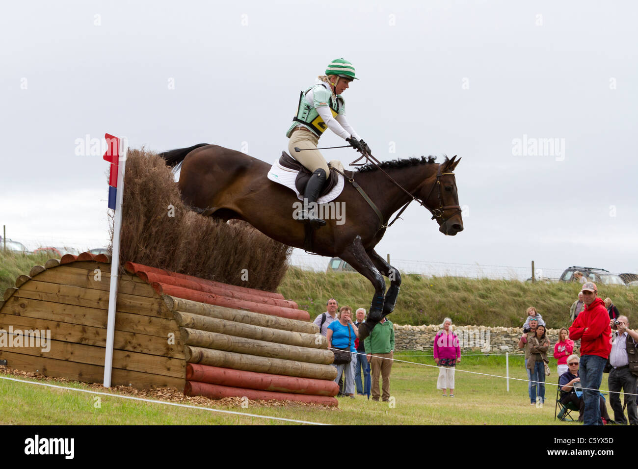 Cavallo e cavaliere cancellazione di un recinto sul cross-country course presso il British Festival di Eventing, Gatcombe Park Foto Stock