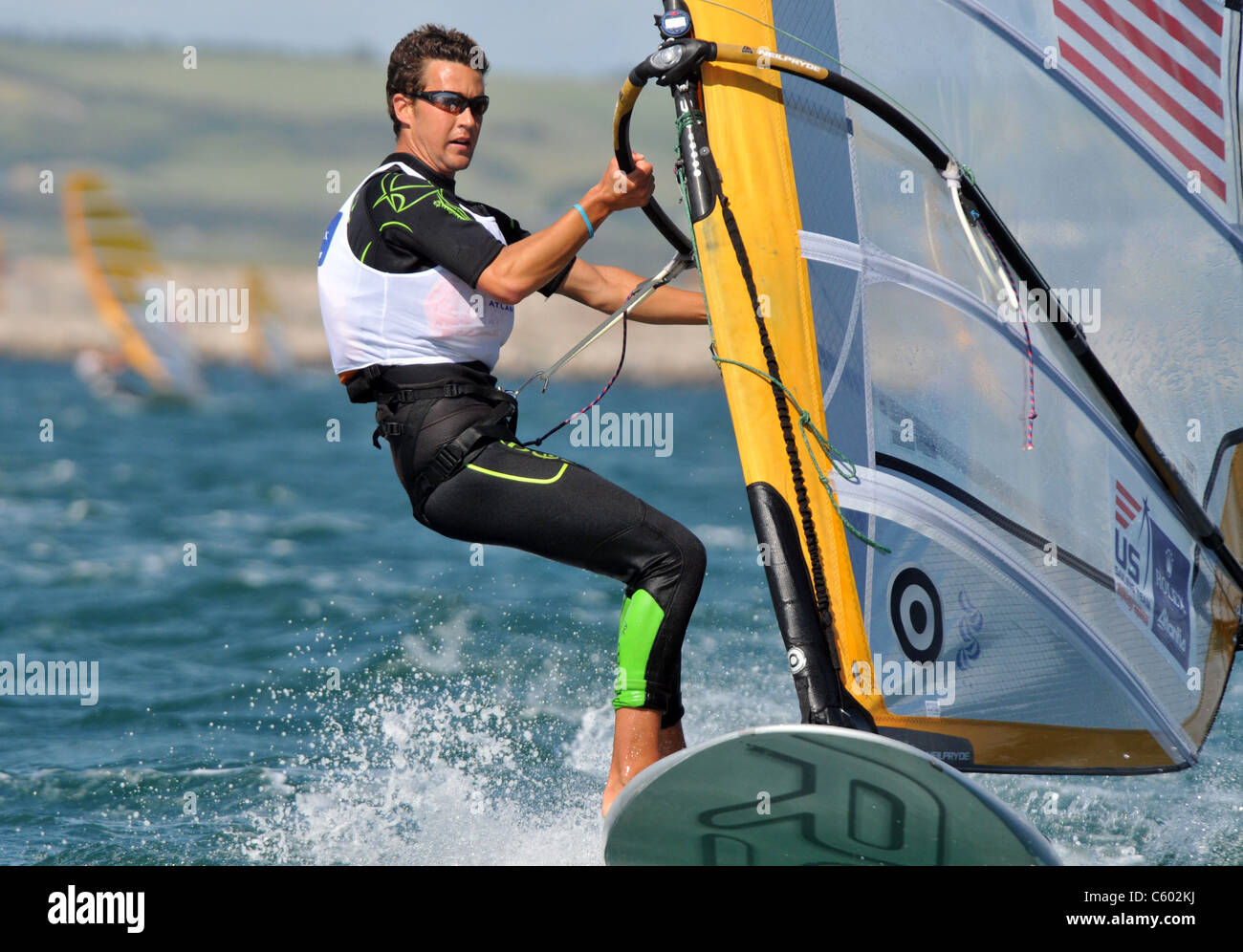 Regno Unito, Olympic Evento di prova. Olympic tavole RSX Evento di prova. Robert Willis del STATI UNITI D'AMERICA. Foto Stock