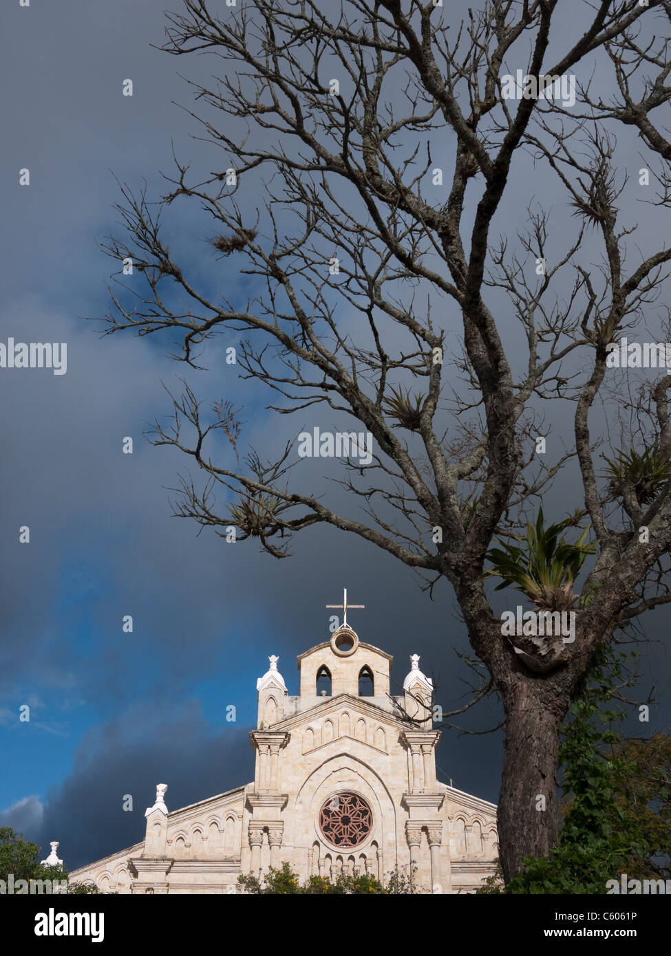 Highland chiesa e raggiungere la struttura ad albero nel blu Sud Americana sky. Foto Stock