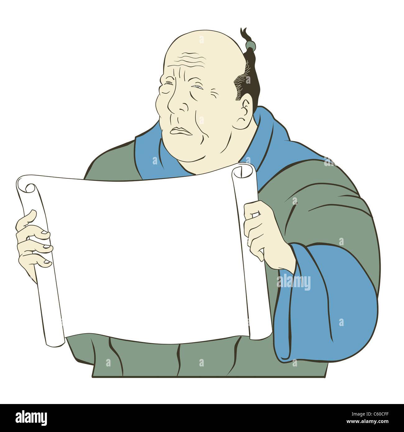 Illustrazione di un asiatico giapponese vecchio uomo la lettura in possesso di una carta bianca rivolta verso di scorrimento anteriore isolato su sfondo bianco fatto in stile cartoon Foto Stock