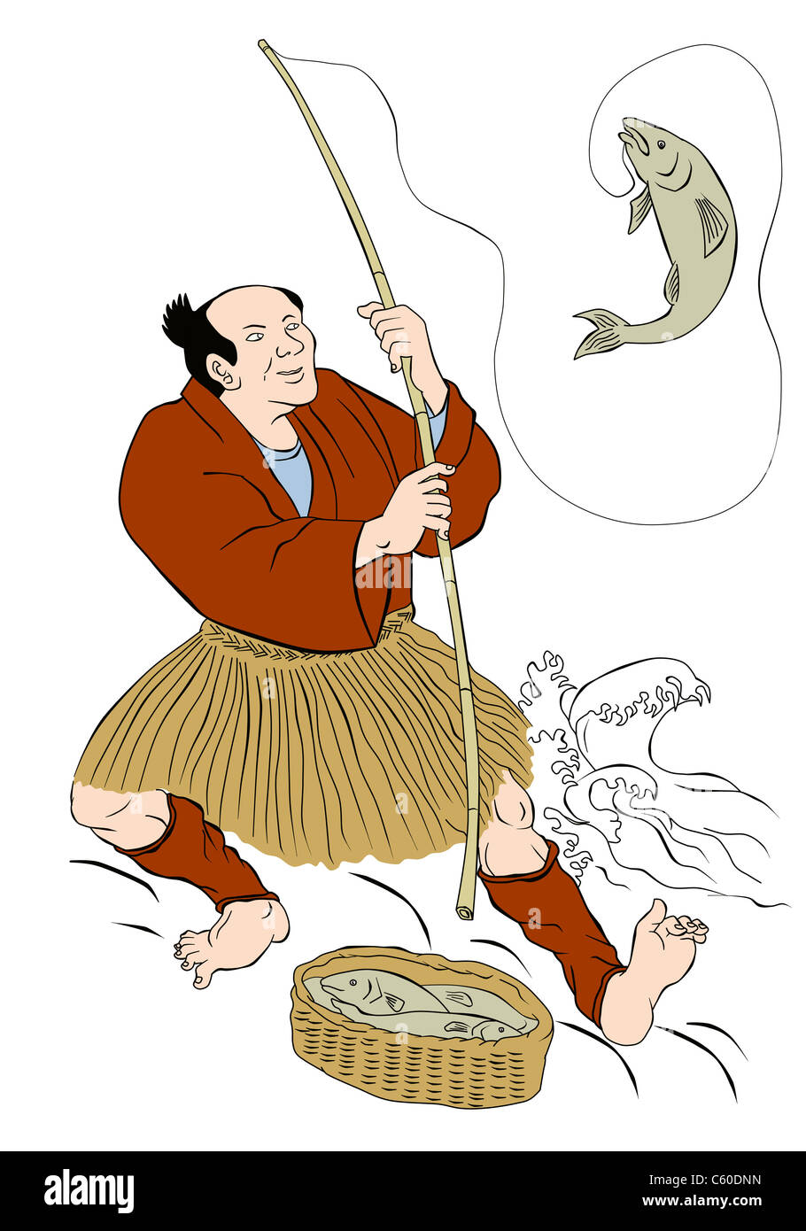 L'immagine mostra un pescatore giapponese di pesca della trota la cattura di pesce su una roccia sul lago di fatto in stile Giapponese in stile cartone Foto Stock