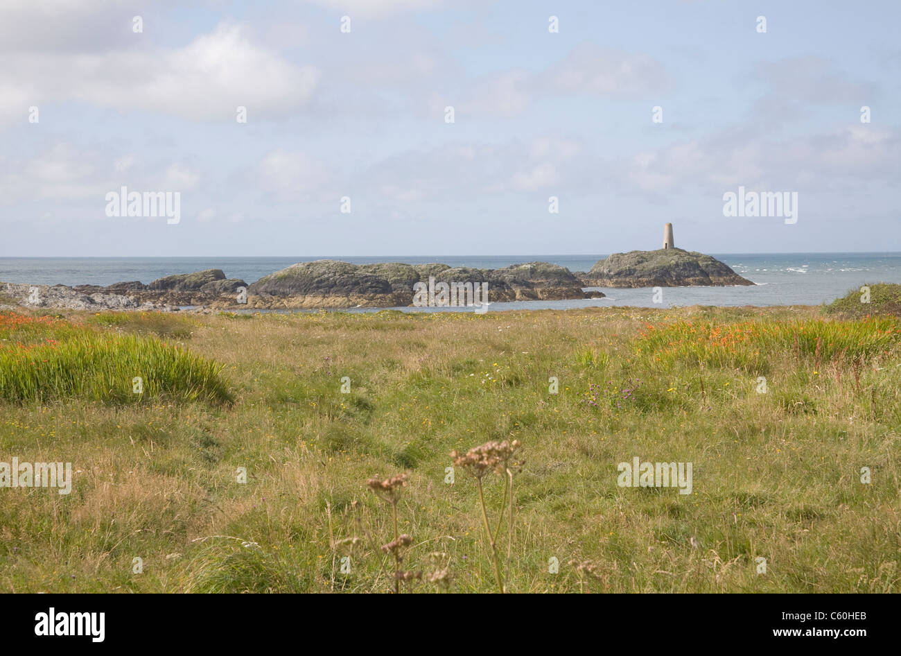 Isola di Anglesey North Wales UK cercando di fronte al faro Rhoscolyn una volta usato come ausilio di navigazione Rhoscolyn torre faro sorge su una piccola isola rocciosa Foto Stock