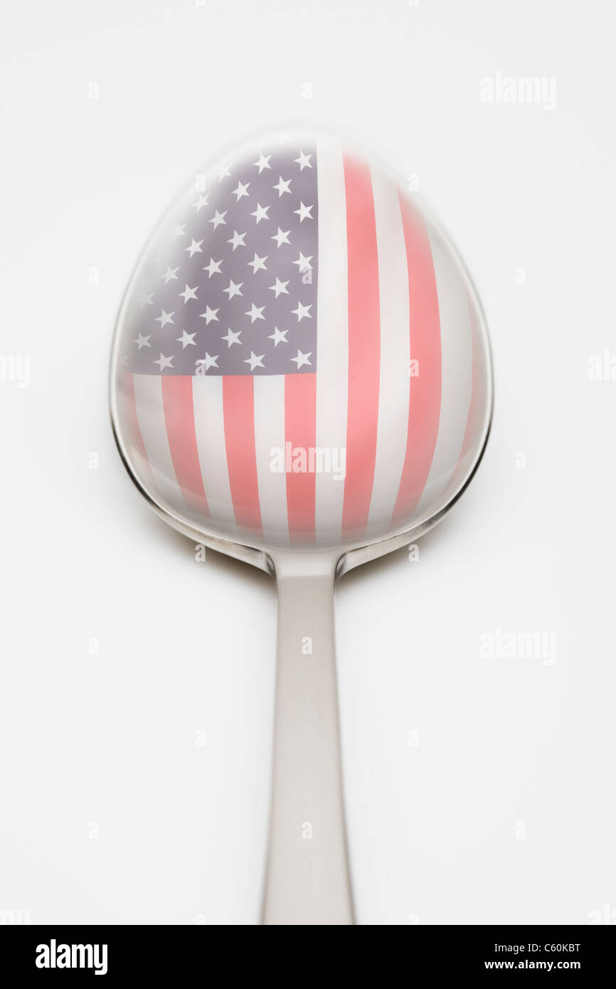 Bandiera americana riflette in cucchiaio Foto Stock