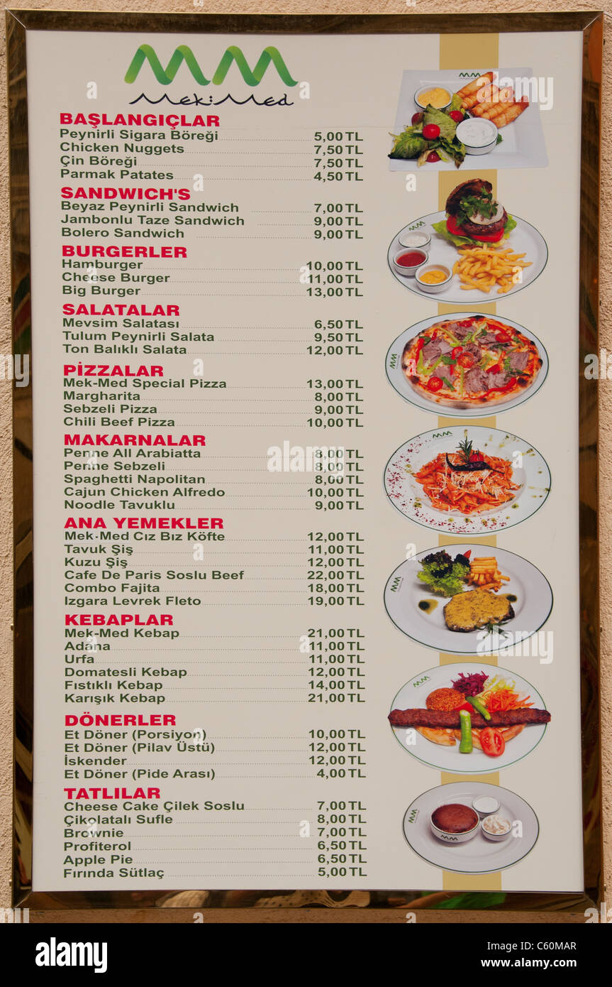 Menù Diner Restaurant Sign Turchia Bagno Turco Foto Stock